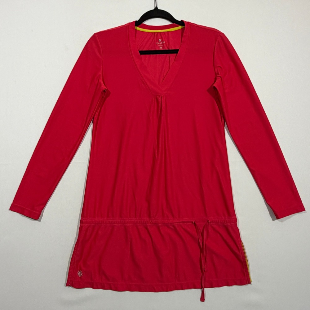Athleta Tunic Top Women's XS Red Pink Long Sleeve V-Neck Drawstring Activewear